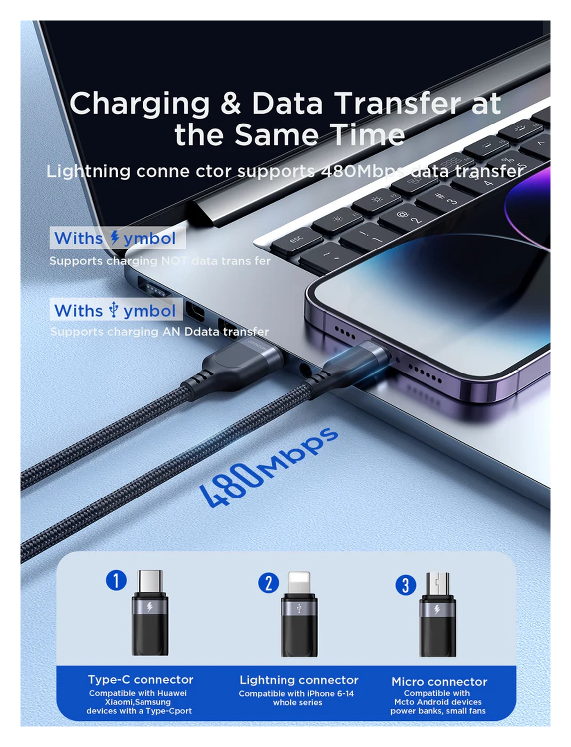 JOYROOM 3-in-1 3.5A Kabel USB-A naar Micro-USB / USB-C / Lightning 2M Zwart afbeelding 5