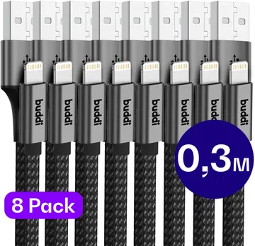 Set van 8 stuks 30cm Buddi Flex USB-A naar Lightning kabel