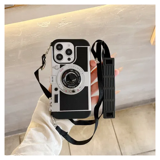 iPhone 16 Pro Max Hoesje Vintage Retro Camera Back Cover met Koord Zwart afbeelding 6