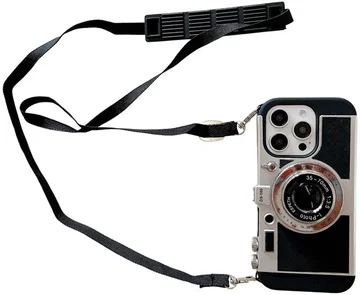iPhone 16 Pro Hoesje Vintage Retro Camera Back Cover met Koord Zwart