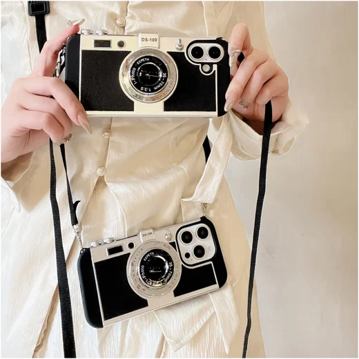 iPhone 16 Pro Hoesje Vintage Retro Camera Back Cover met Koord Zwart afbeelding 4