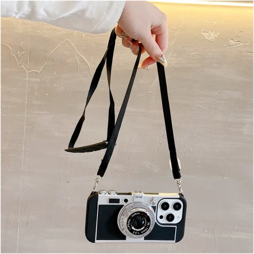 iPhone 16 Pro Hoesje Vintage Retro Camera Back Cover met Koord Zwart afbeelding 3
