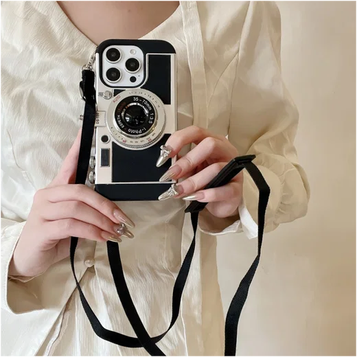 iPhone 16 Pro Hoesje Vintage Retro Camera Back Cover met Koord Zwart afbeelding 2