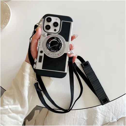 iPhone 16 Pro Hoesje Vintage Retro Camera Back Cover met Koord Zwart afbeelding 5