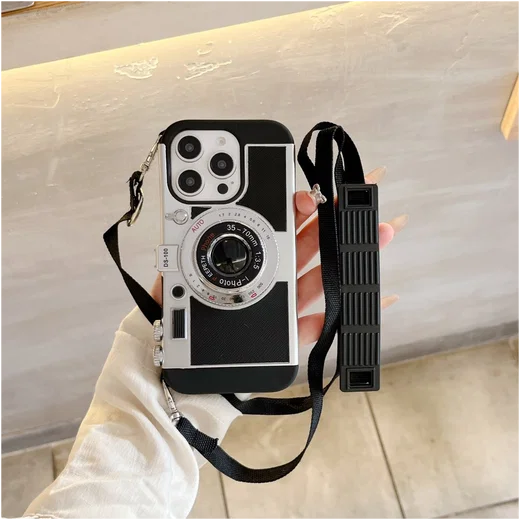 iPhone 16 Pro Hoesje Vintage Retro Camera Back Cover met Koord Zwart afbeelding 6