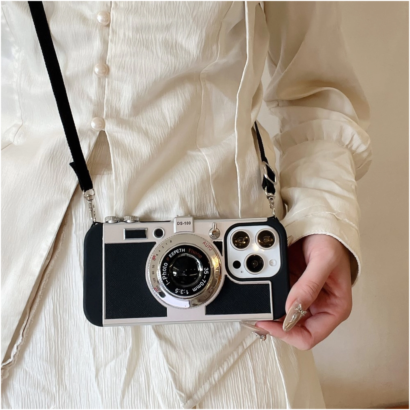 iPhone 16 Pro Hoesje Vintage Retro Camera Back Cover met Koord Zwart afbeelding 7