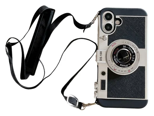 iPhone 16 Hoesje Vintage Retro Camera Back Cover met Koord Zwart afbeelding 1