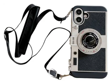 iPhone 16 Hoesje Vintage Retro Camera Back Cover met Koord Zwart