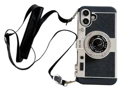 iPhone 16 Hoesje Vintage Retro Camera Back Cover met Koord Zwart afbeelding