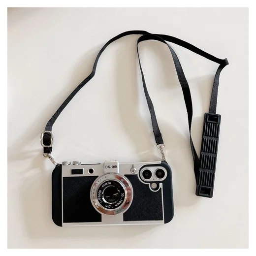 iPhone 16 Hoesje Vintage Retro Camera Back Cover met Koord Zwart afbeelding 2