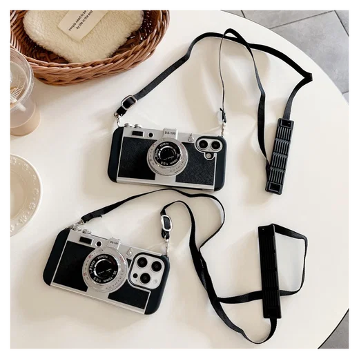 iPhone 16 Hoesje Vintage Retro Camera Back Cover met Koord Zwart afbeelding 3