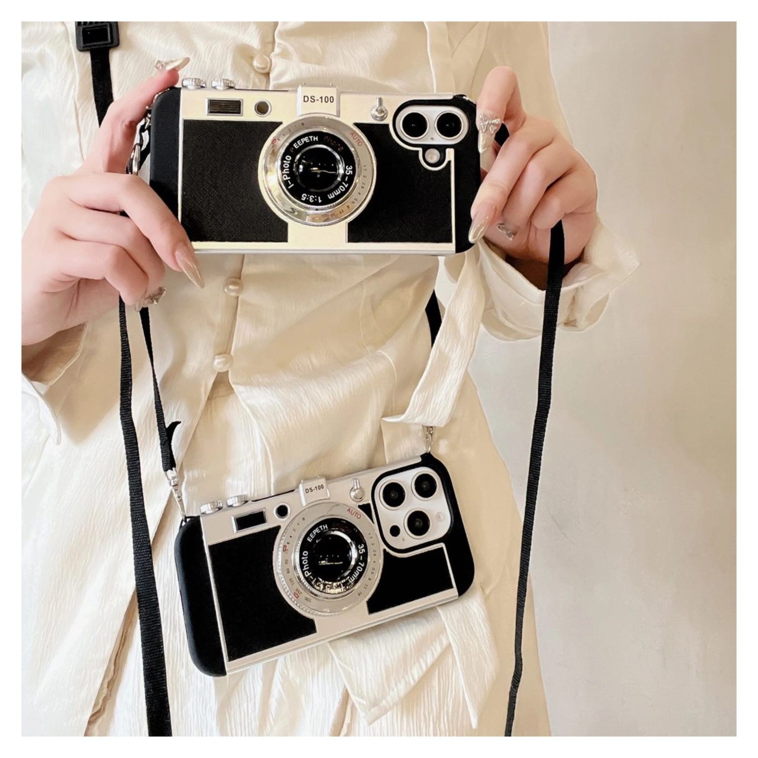 iPhone 16 Hoesje Vintage Retro Camera Back Cover met Koord Zwart afbeelding 5