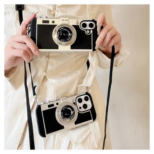 iPhone 16 Hoesje Vintage Retro Camera Back Cover met Koord Zwart afbeelding 5