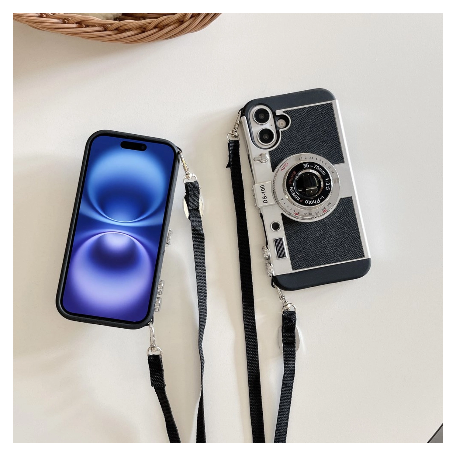 iPhone 16 Hoesje Vintage Retro Camera Back Cover met Koord Zwart afbeelding 6