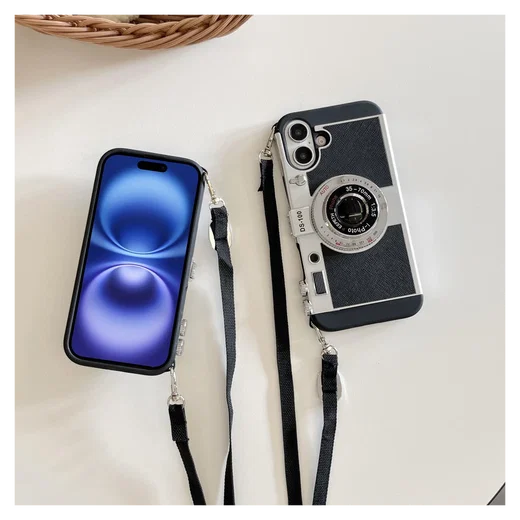 iPhone 16 Hoesje Vintage Retro Camera Back Cover met Koord Zwart afbeelding 6