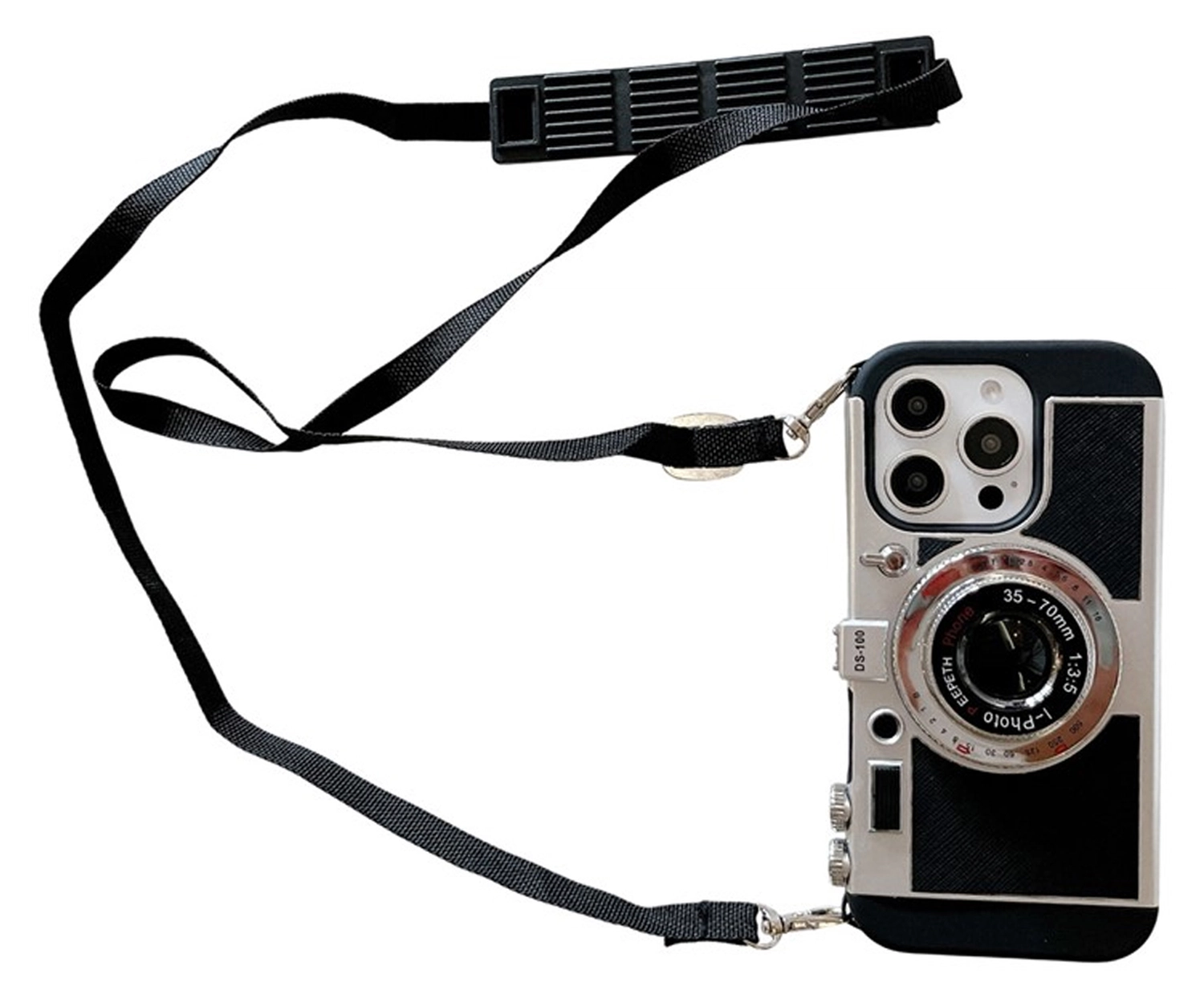 iPhone 15 Pro Hoesje Vintage Retro Camera Back Cover met Koord Zwart afbeelding 1