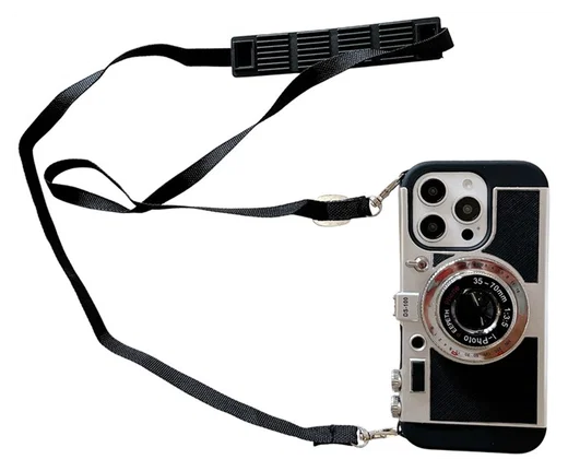 iPhone 15 Pro Hoesje Vintage Retro Camera Back Cover met Koord Zwart afbeelding 1
