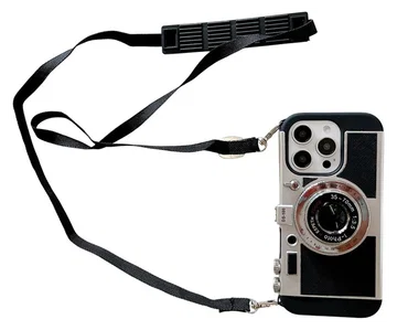 iPhone 15 Pro Hoesje Vintage Retro Camera Back Cover met Koord Zwart