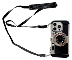 iPhone 15 Pro Hoesje Vintage Retro Camera Back Cover met Koord Zwart afbeelding