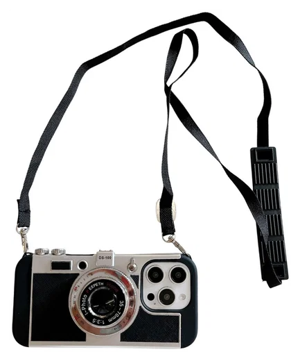 iPhone 15 Pro Hoesje Vintage Retro Camera Back Cover met Koord Zwart afbeelding 11