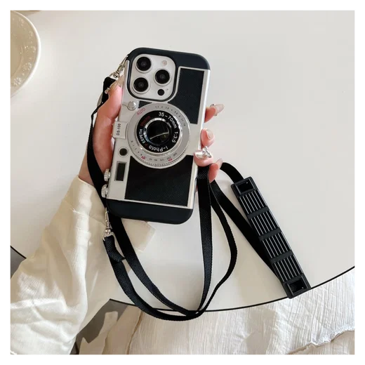 iPhone 15 Pro Hoesje Vintage Retro Camera Back Cover met Koord Zwart afbeelding 5