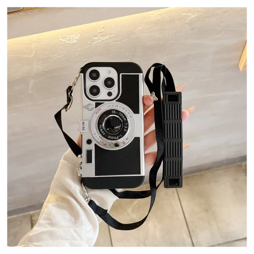 iPhone 15 Pro Hoesje Vintage Retro Camera Back Cover met Koord Zwart afbeelding 6