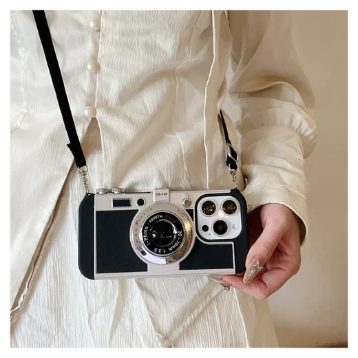 iPhone 15 Pro Hoesje Vintage Retro Camera Back Cover met Koord Zwart afbeelding 7