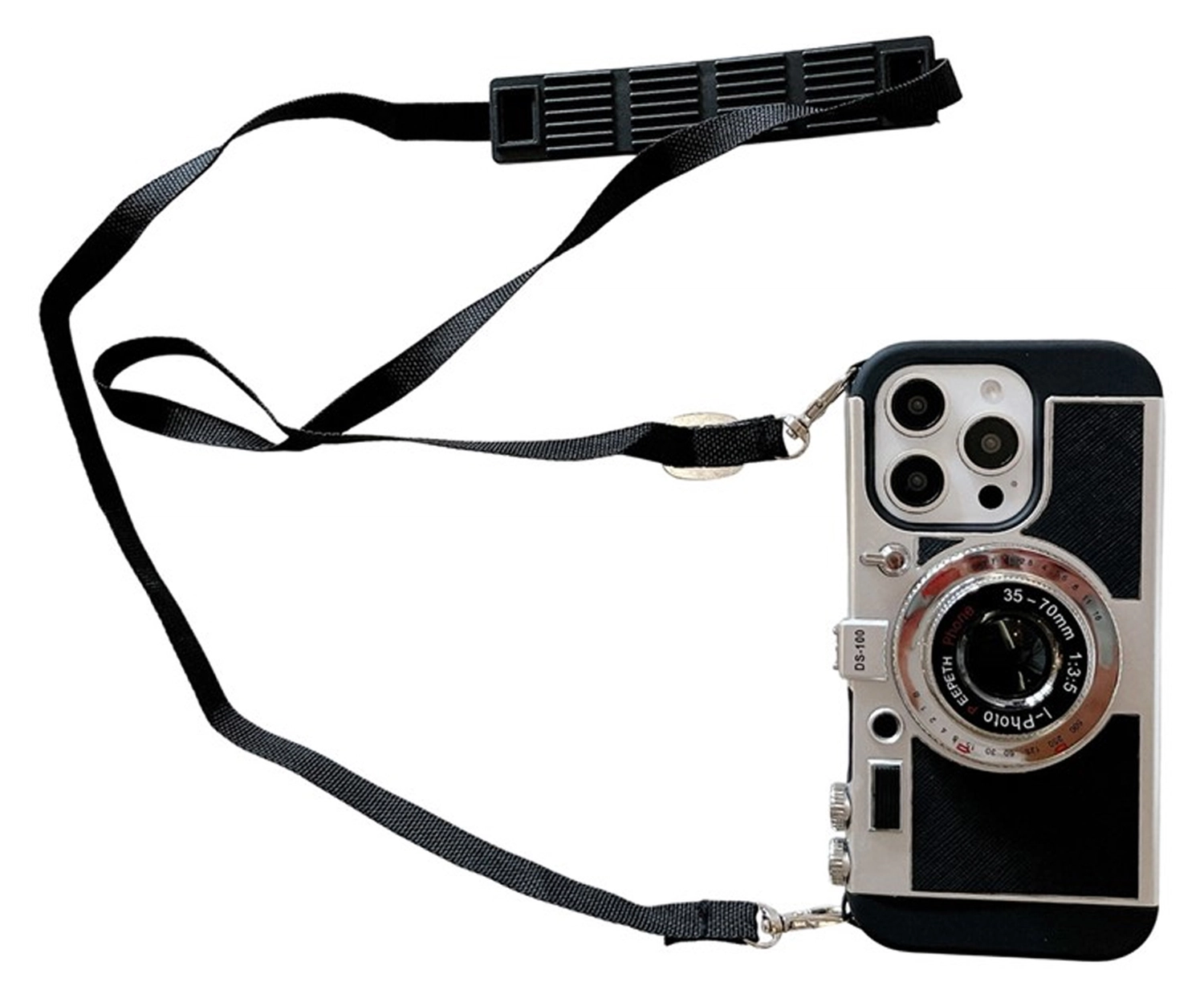 iPhone 14 Pro Hoesje Vintage Retro Camera Back Cover met Koord Zwart afbeelding 1