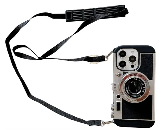 iPhone 14 Pro Hoesje Vintage Retro Camera Back Cover met Koord Zwart afbeelding 1