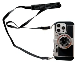 iPhone 14 Pro Hoesje Vintage Retro Camera Back Cover met Koord Zwart afbeelding