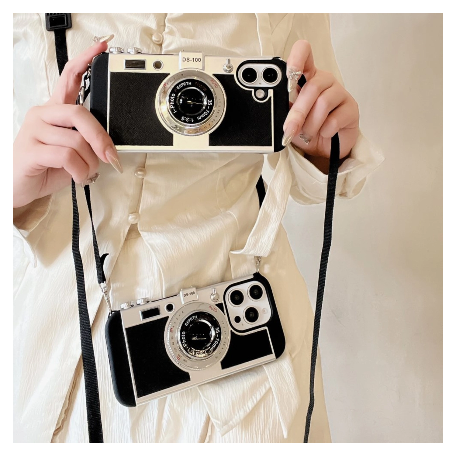 iPhone 14 Pro Hoesje Vintage Retro Camera Back Cover met Koord Zwart afbeelding 4