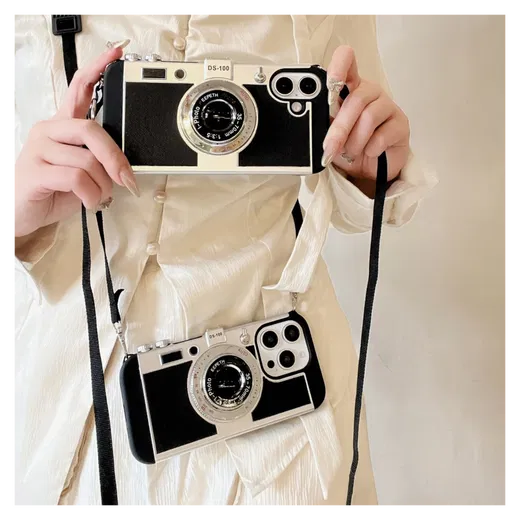 iPhone 14 Pro Hoesje Vintage Retro Camera Back Cover met Koord Zwart afbeelding 4