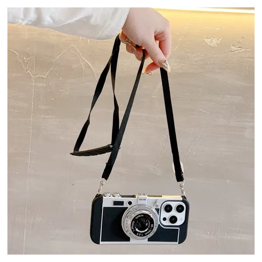 iPhone 14 Pro Hoesje Vintage Retro Camera Back Cover met Koord Zwart afbeelding 3