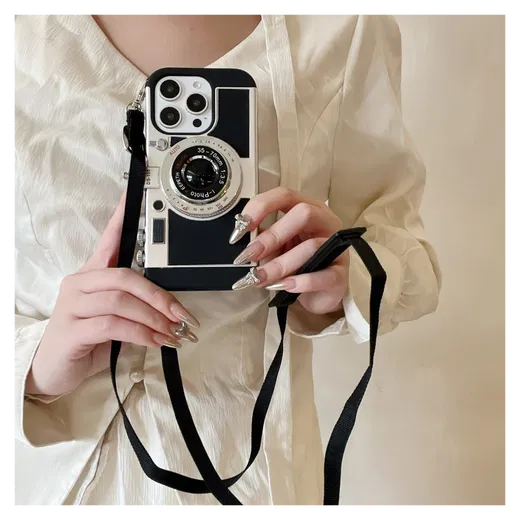 iPhone 14 Pro Hoesje Vintage Retro Camera Back Cover met Koord Zwart afbeelding 2