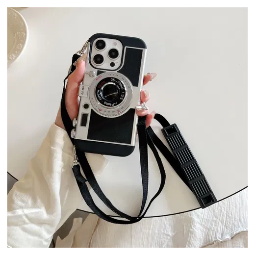 iPhone 14 Pro Hoesje Vintage Retro Camera Back Cover met Koord Zwart afbeelding 5