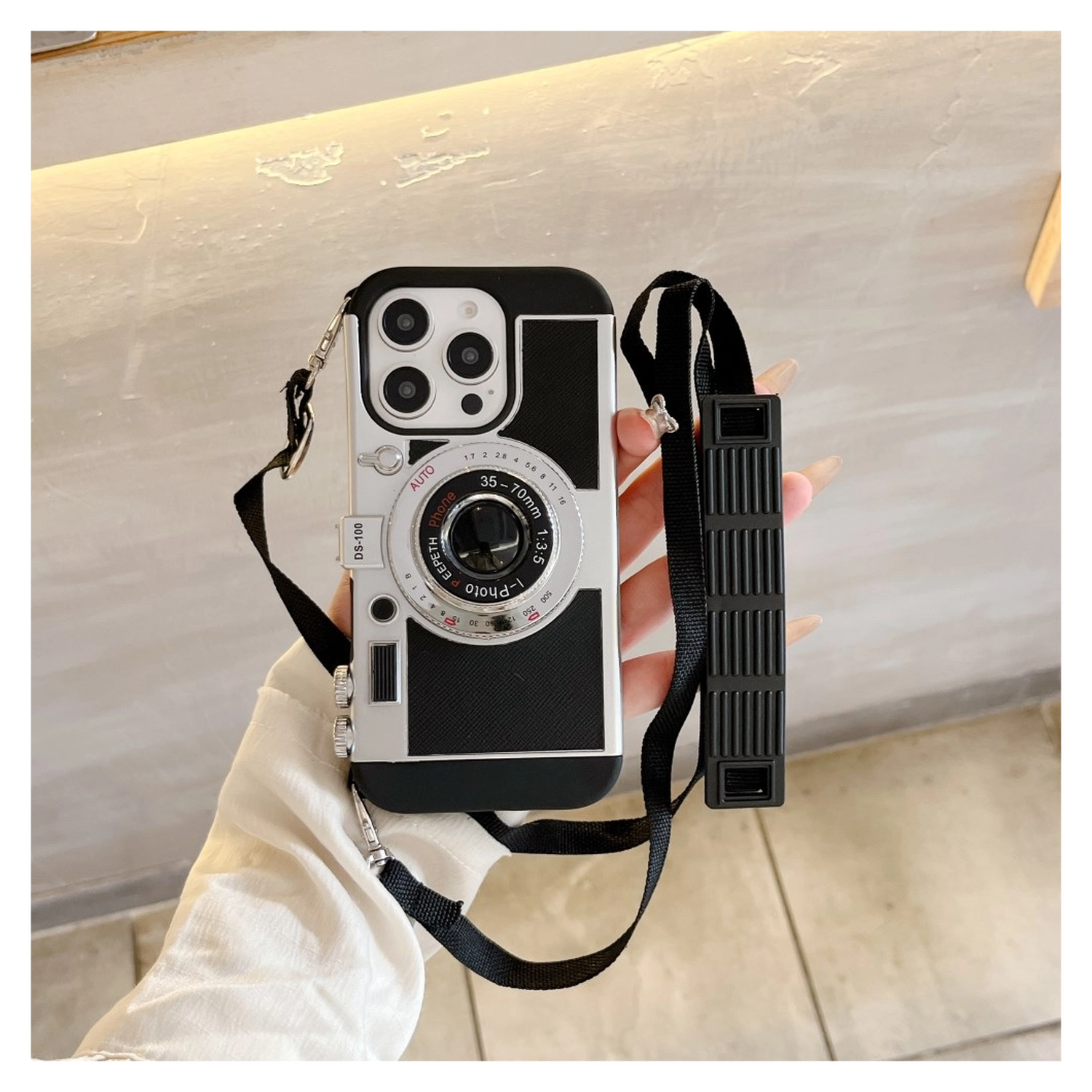 iPhone 14 Pro Hoesje Vintage Retro Camera Back Cover met Koord Zwart afbeelding 6
