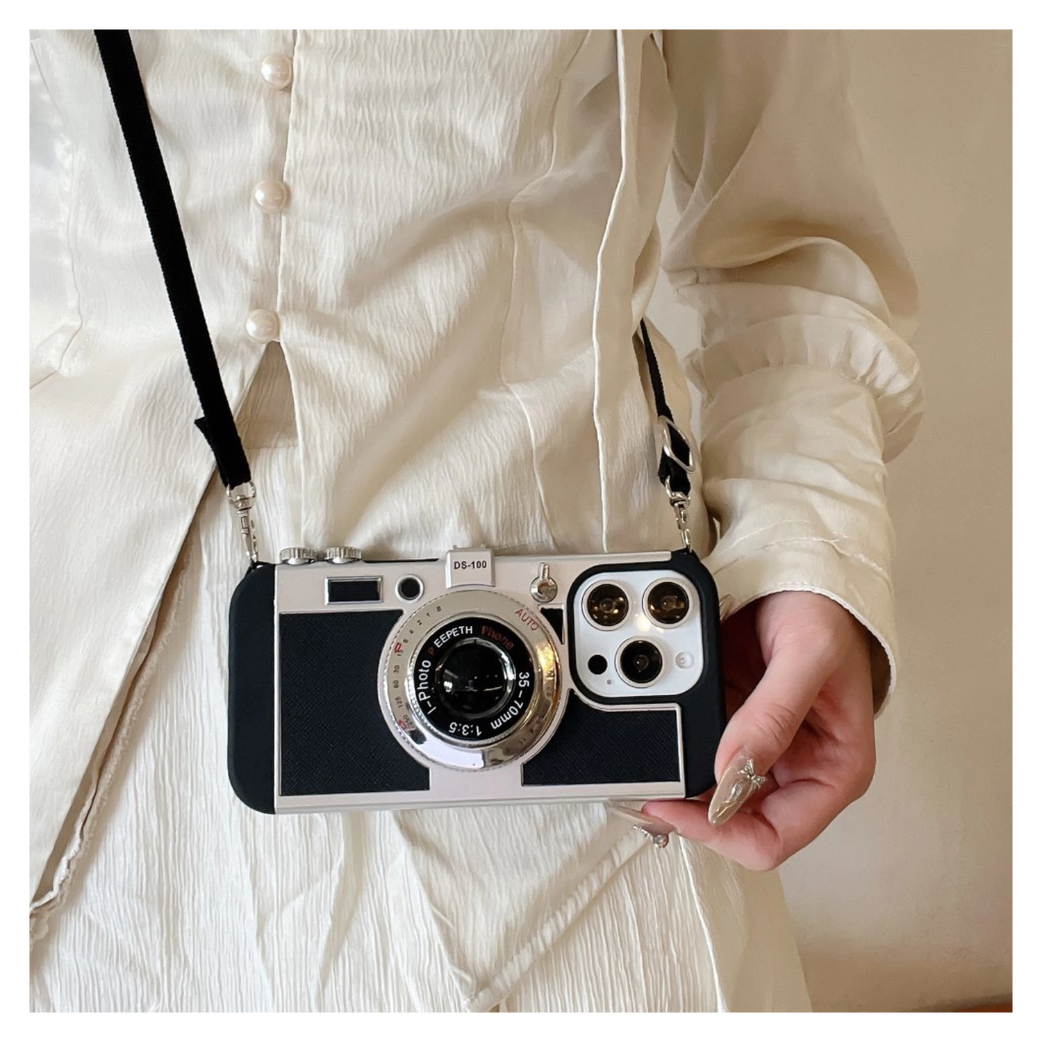 iPhone 14 Pro Hoesje Vintage Retro Camera Back Cover met Koord Zwart afbeelding 7
