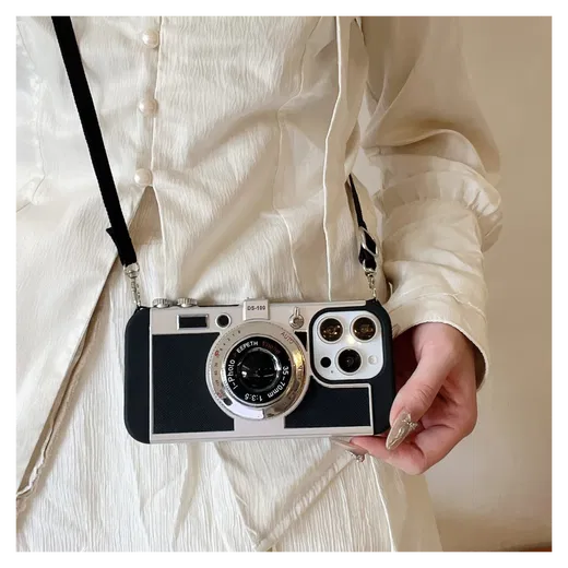 iPhone 14 Pro Hoesje Vintage Retro Camera Back Cover met Koord Zwart afbeelding 7