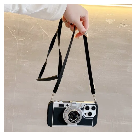 iPhone 14 Pro Max Hoesje Vintage Retro Camera Back Cover met Koord Zwart afbeelding 2