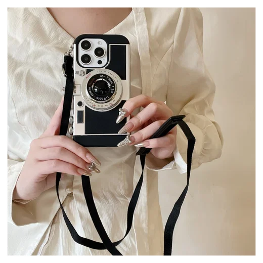 iPhone 14 Pro Max Hoesje Vintage Retro Camera Back Cover met Koord Zwart afbeelding 3