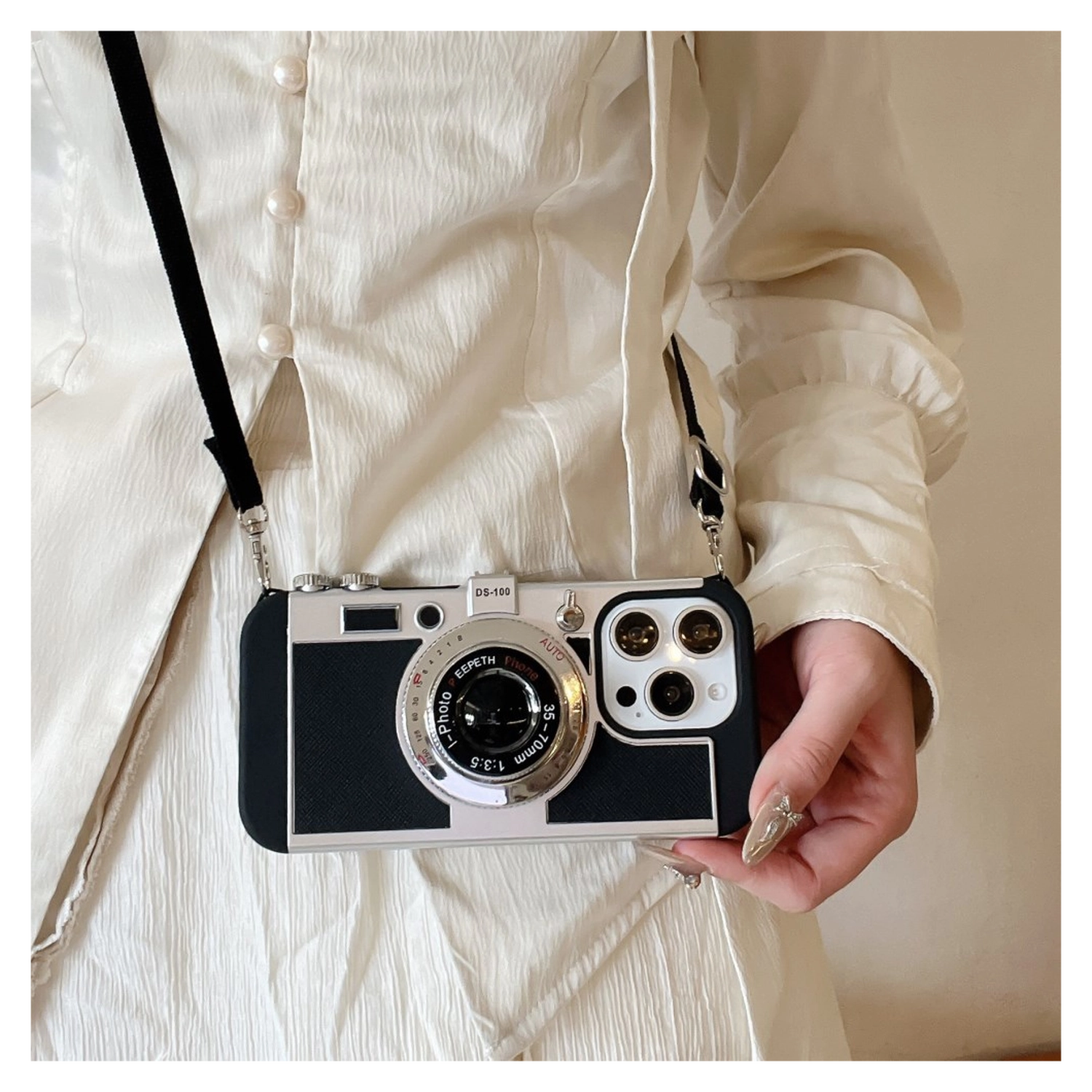 iPhone 14 Pro Max Hoesje Vintage Retro Camera Back Cover met Koord Zwart afbeelding 7