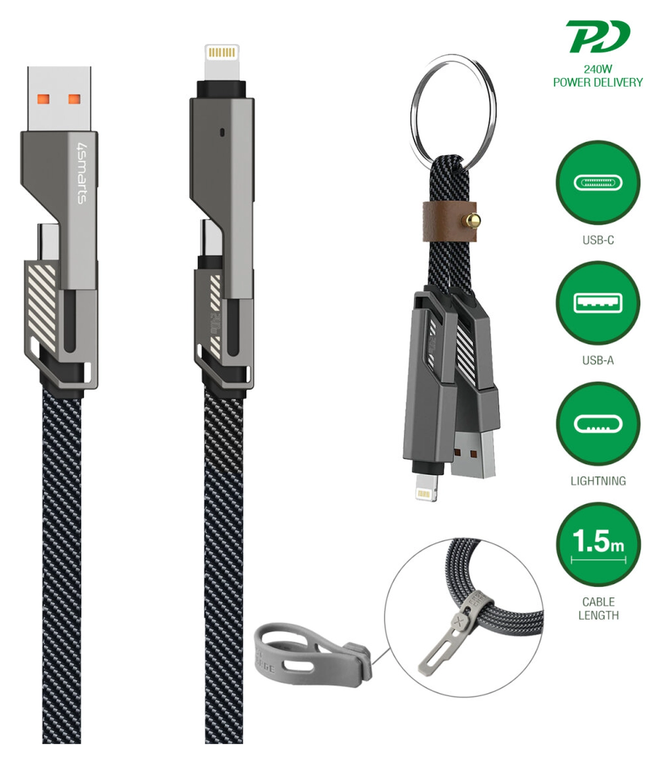 4smarts ComboCord Flat 240W USB-C/USB-A naar USB-C/Lightning Kabel 1.5M Grijs afbeelding 2