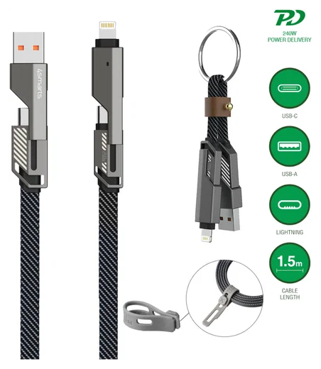 4smarts ComboCord Flat 240W USB-C/USB-A naar USB-C/Lightning Kabel 1.5M Grijs afbeelding 2