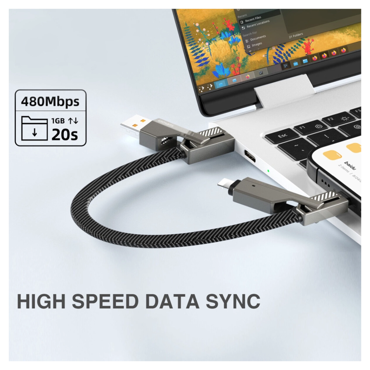 4smarts ComboCord Flat 240W USB-C/USB-A naar USB-C/Lightning Kabel 1.5M Grijs afbeelding 4