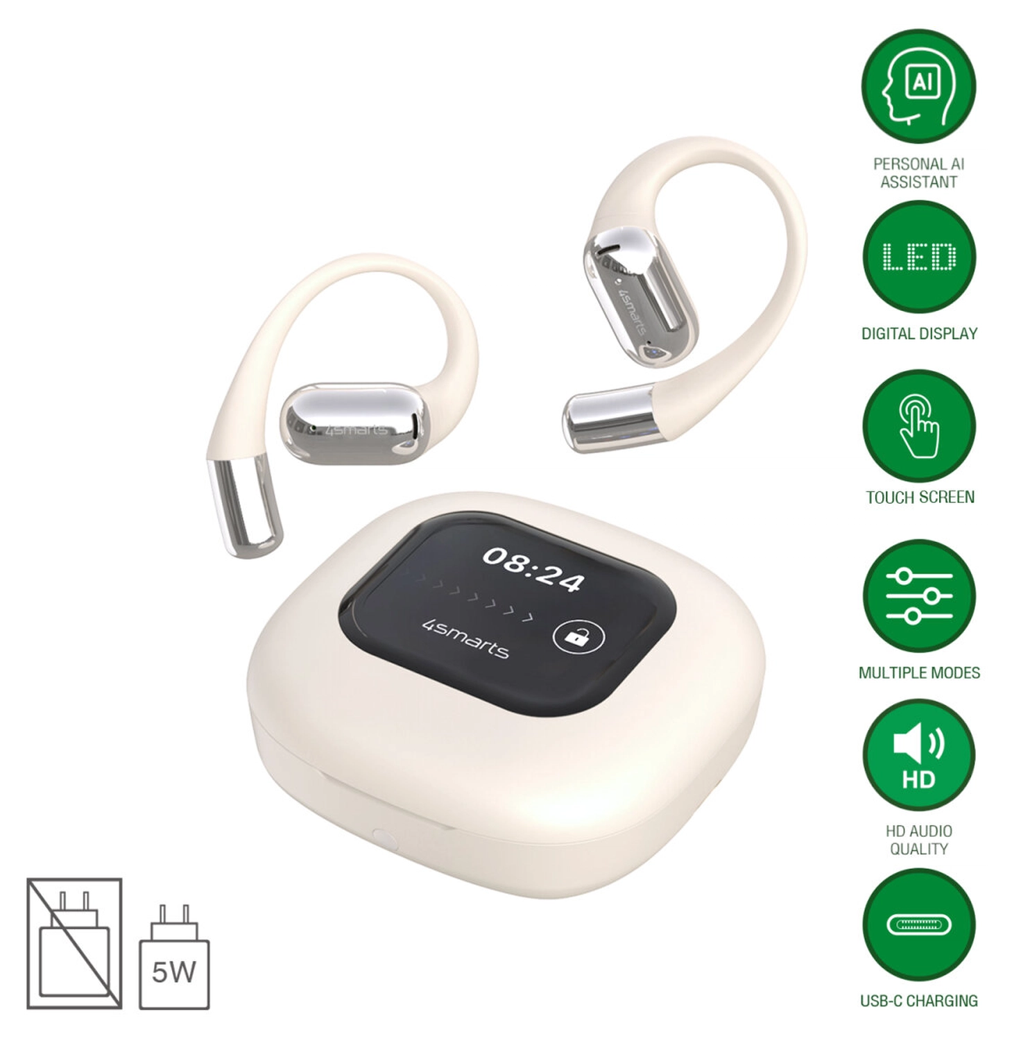 4smarts SkyBuds AI Screen Open-Ear Wireless Headset Bluetooth Oordopjes Beige afbeelding 2