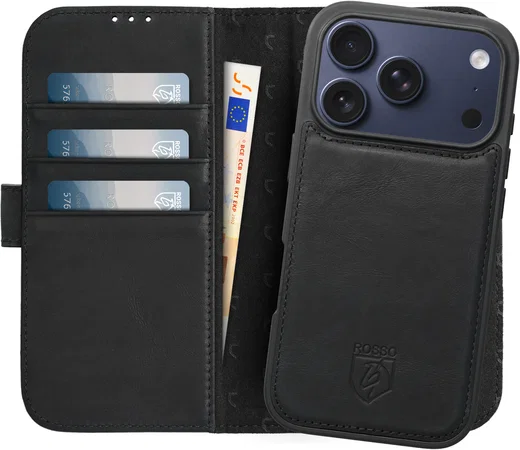 Rosso Elite iPhone 17 Pro Hoesje met MagSafe Book Case Echt Leer Zwart afbeelding 1