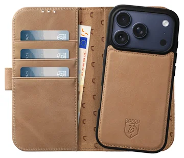 Rosso Elite iPhone 17 Pro Hoesje met MagSafe Book Case Echt Leer Lichtbruin