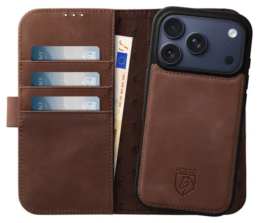 Rosso Elite iPhone 17 Pro Max Hoesje met MagSafe Book Case Echt Leer Bruin afbeelding 1