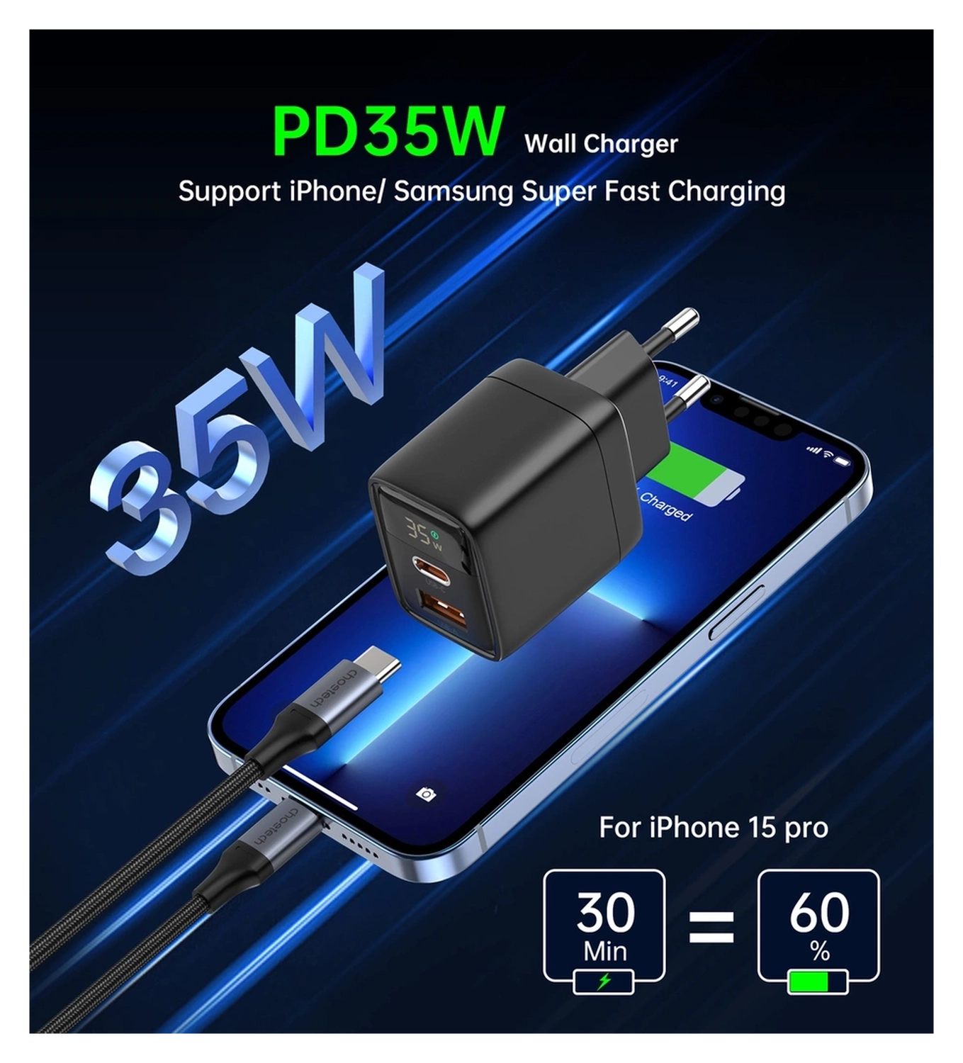 Choetech USB/USB-C GaN Snellader 35W PD Adapter Fast Charge Zwart afbeelding 3