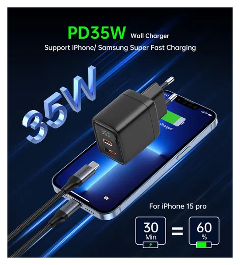 Choetech USB/USB-C GaN Snellader 35W PD Adapter Fast Charge Zwart afbeelding 3